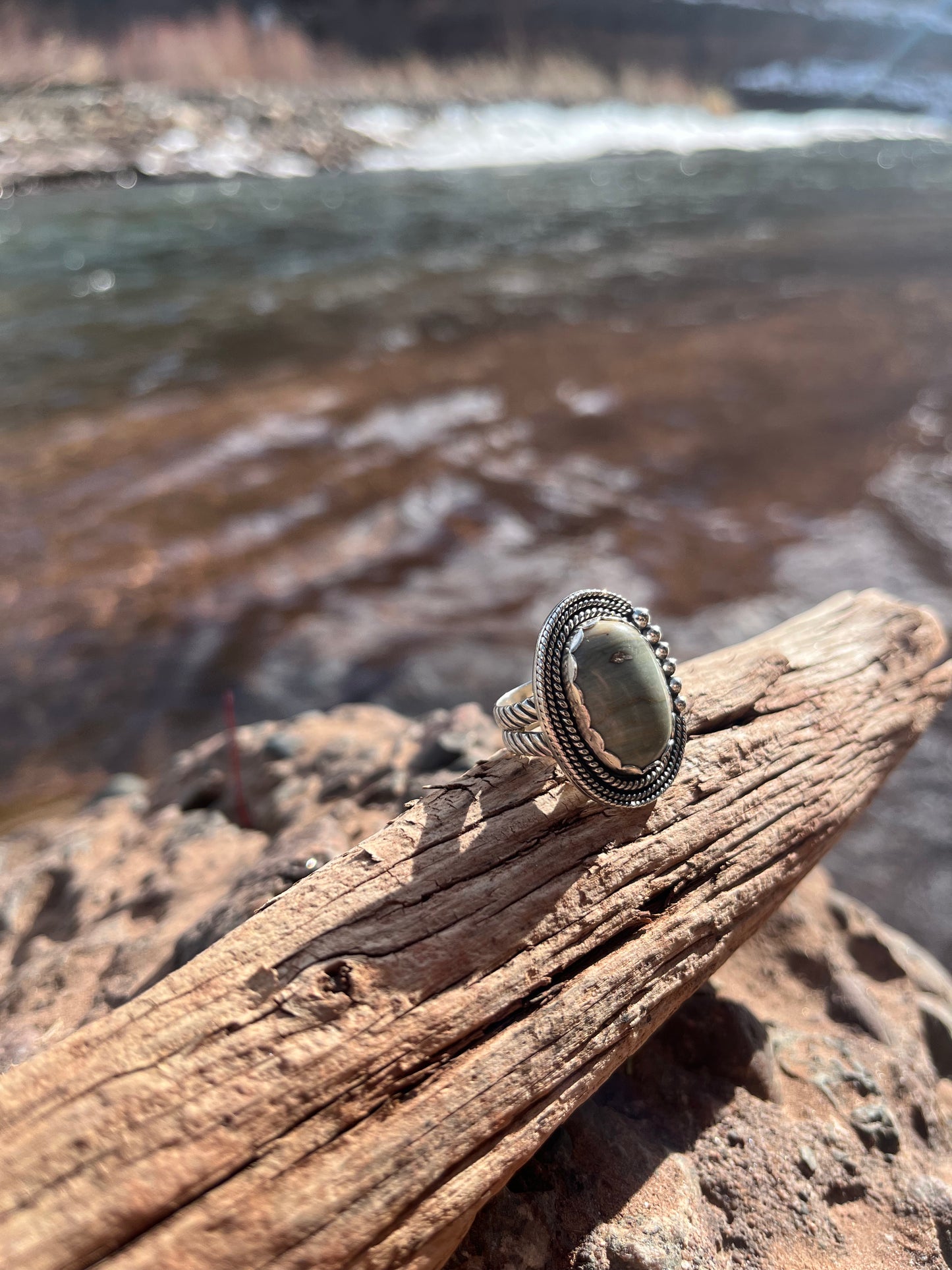 polychrome jasper + sterling silver split shank ring size 7.5