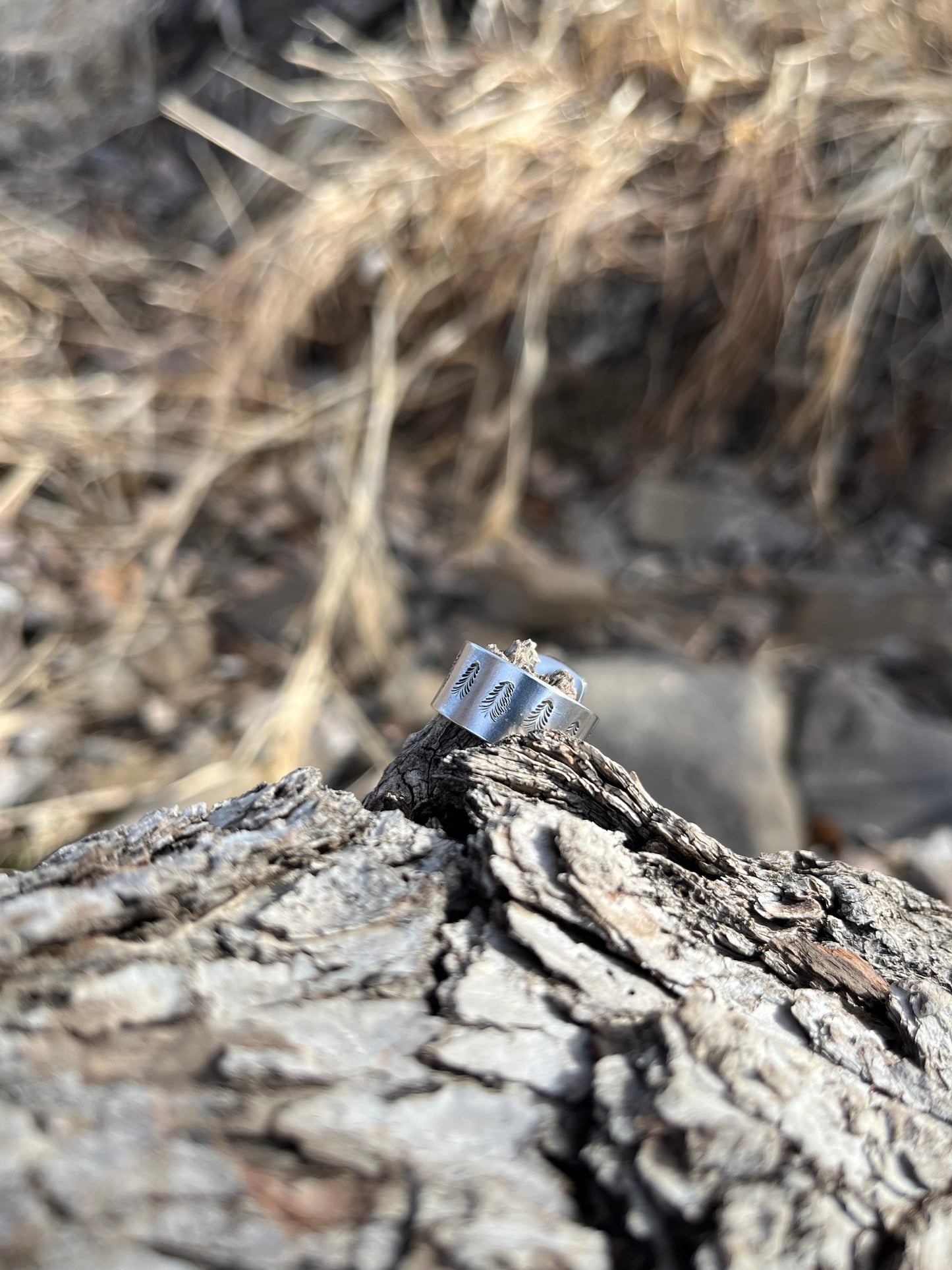 rectangle turquoise ring + hand stamped tree band size 6.25