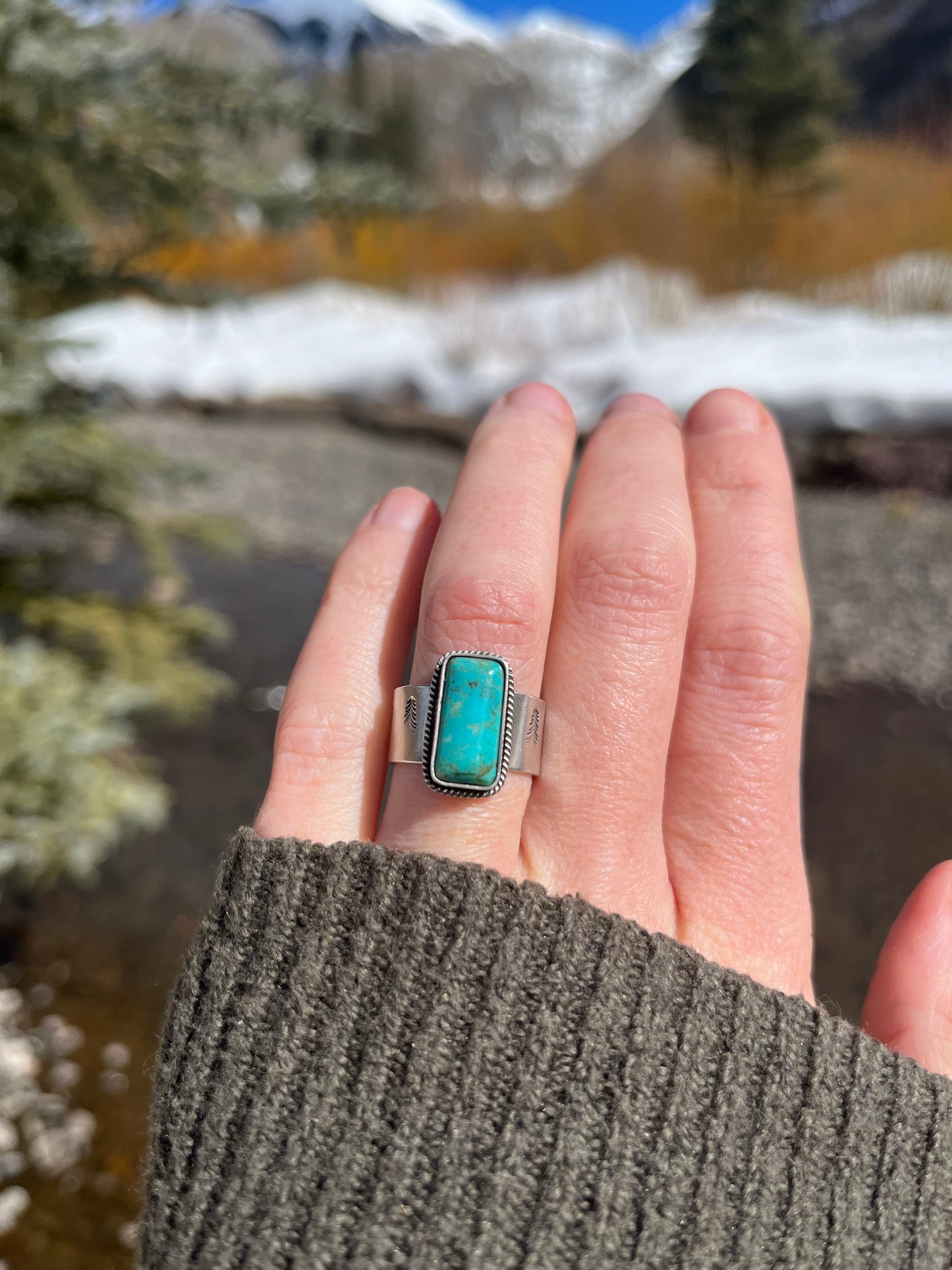 rectangle turquoise ring + hand stamped tree band size 6.25