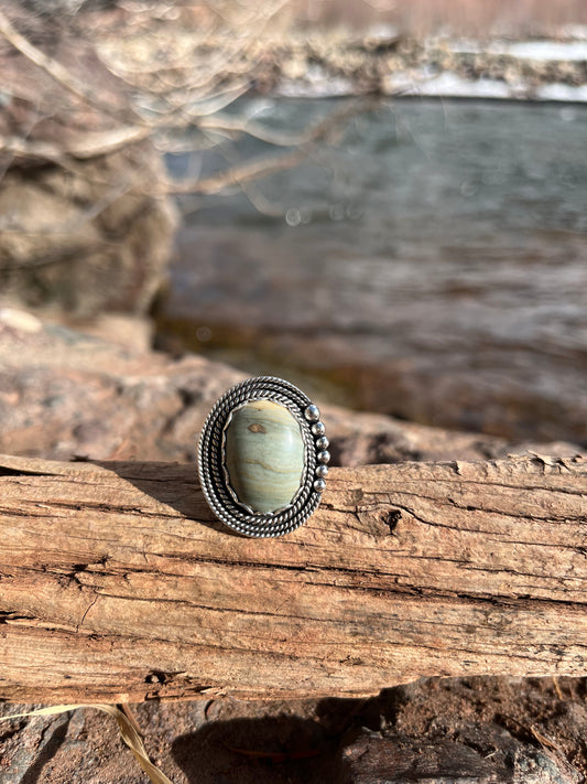 polychrome jasper + sterling silver split shank ring size 7.5